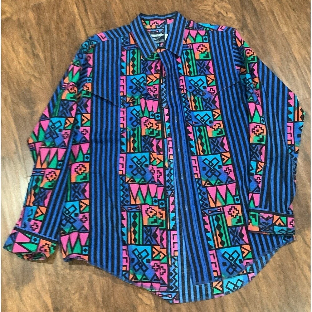 Vintage Wrangler Shirt Mens Sz 17x 35 Long Tails Aztec Southwestern Button Down